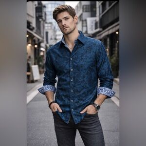 Robert Graham Edmar Shirt NWT M Blue Floral Jacquard Classic Fit Flip Cuff